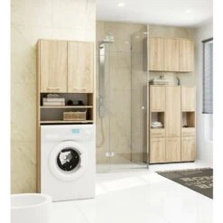 Colonne Salle De Bains AKORD FIN Chêne Sonoma 30 Cm 2 Portes 1 Tiroir Façade Chêne Sonoma 5 étagères 30x30x140 Cm -Songmics Soldes Magasin 54157248 4