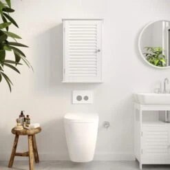 Songmics Meuble Mural Pour Salle De Bains, Avec Étagère Réglable Et Porte à Persienne, 40 X 16 X 60 Cm, Ligneux, Blanc -Songmics Soldes Magasin 54705525 2