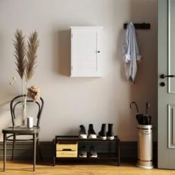 Songmics Meuble Mural Pour Salle De Bains, Avec Étagère Réglable Et Porte à Persienne, 40 X 16 X 60 Cm, Ligneux, Blanc -Songmics Soldes Magasin 54705525 3