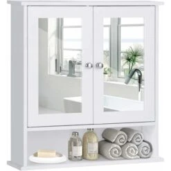COSTWAY Armoire De Salle De Bain/Meuble De Salle De Bain Mural Avec 2 Portes à Miroir, 3 Etagères Avec Hauteur Ajustable, 56,5 X 13,5 X 58,5 Cm, Blanc