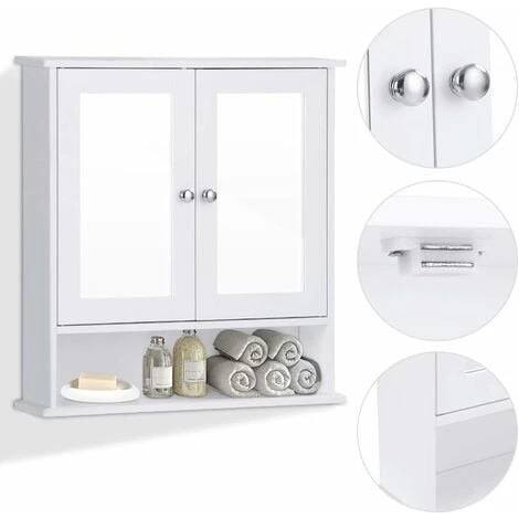 COSTWAY Armoire De Salle De Bain/Meuble De Salle De Bain Mural Avec 2 Portes à Miroir, 3 Etagères Avec Hauteur Ajustable, 56,5 X 13,5 X 58,5 Cm, Blanc 4 COSTWAY Armoire De Salle De Bain/Meuble De Salle De Bain Mural Avec 2 Portes à Miroir, 3 Etagères Avec Hauteur Ajustable, 56,5 X 13,5 X 58,5 Cm, Blanc – Image 2