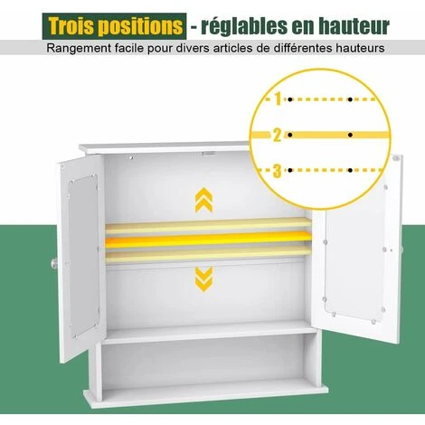 COSTWAY Armoire De Salle De Bain/Meuble De Salle De Bain Mural Avec 2 Portes à Miroir, 3 Etagères Avec Hauteur Ajustable, 56,5 X 13,5 X 58,5 Cm, Blanc 5 COSTWAY Armoire De Salle De Bain/Meuble De Salle De Bain Mural Avec 2 Portes à Miroir, 3 Etagères Avec Hauteur Ajustable, 56,5 X 13,5 X 58,5 Cm, Blanc – Image 3