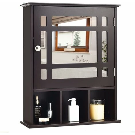 COSTWAY Armoire De Salle De Bain Murale Avec Miroir Impérméable Fait En MDF Avec 2 Etagères Réglables Et 3 Compartiments Marron 3 COSTWAY Armoire De Salle De Bain Murale Avec Miroir Impérméable Fait En MDF Avec 2 Etagères Réglables Et 3 Compartiments Marron