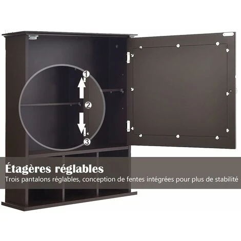 COSTWAY Armoire De Salle De Bain Murale Avec Miroir Impérméable Fait En MDF Avec 2 Etagères Réglables Et 3 Compartiments Marron 4 COSTWAY Armoire De Salle De Bain Murale Avec Miroir Impérméable Fait En MDF Avec 2 Etagères Réglables Et 3 Compartiments Marron – Image 2