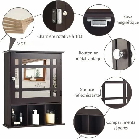 COSTWAY Armoire De Salle De Bain Murale Avec Miroir Impérméable Fait En MDF Avec 2 Etagères Réglables Et 3 Compartiments Marron 5 COSTWAY Armoire De Salle De Bain Murale Avec Miroir Impérméable Fait En MDF Avec 2 Etagères Réglables Et 3 Compartiments Marron – Image 3