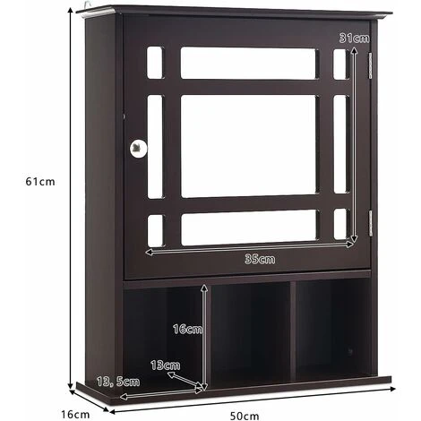 COSTWAY Armoire De Salle De Bain Murale Avec Miroir Impérméable Fait En MDF Avec 2 Etagères Réglables Et 3 Compartiments Marron 6 COSTWAY Armoire De Salle De Bain Murale Avec Miroir Impérméable Fait En MDF Avec 2 Etagères Réglables Et 3 Compartiments Marron – Image 4
