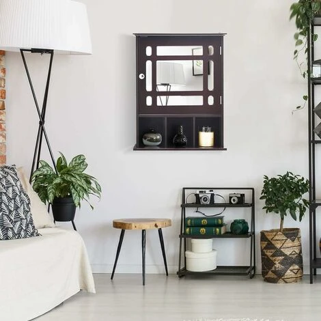 COSTWAY Armoire De Salle De Bain Murale Avec Miroir Impérméable Fait En MDF Avec 2 Etagères Réglables Et 3 Compartiments Marron 7 COSTWAY Armoire De Salle De Bain Murale Avec Miroir Impérméable Fait En MDF Avec 2 Etagères Réglables Et 3 Compartiments Marron – Image 5