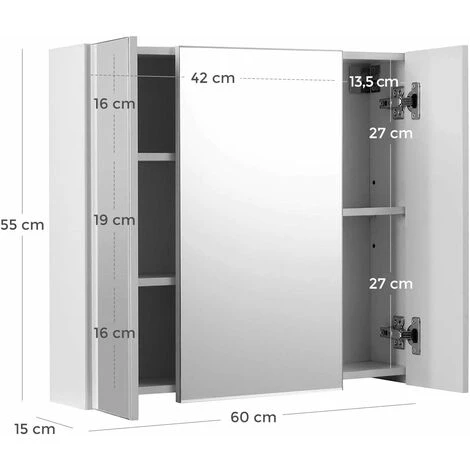 VASAGLE Armoire Murale Salle De Bain, Placard Avec Miroir, Meuble De Rangement 3 Portes, 60 X 15 X 55 Cm, Avec étagère Réglable, Moderne, Blanc Par SONGMICS BBK22WT 7 VASAGLE Armoire Murale Salle De Bain, Placard Avec Miroir, Meuble De Rangement 3 Portes, 60 X 15 X 55 Cm, Avec étagère Réglable, Moderne, Blanc Par SONGMICS BBK22WT – Image 5