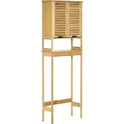 Meuble WC Meuble Dessus Toilettes Style Cosy Dim. 60L X 23l X 173H Cm Portes à Lattes étagère Bambou MDF Aspect Bois Clair
