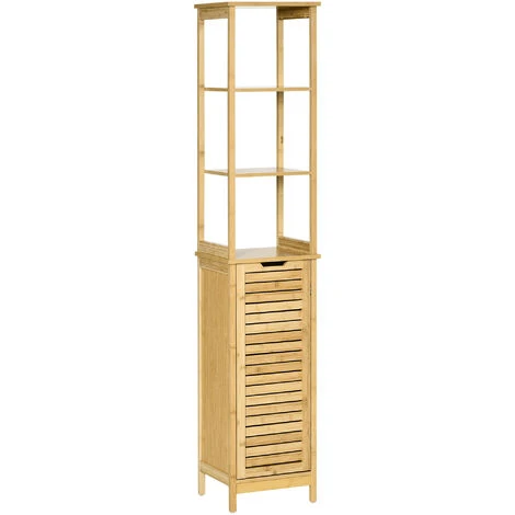 Meuble Colonne Rangement Salle De Bain Style Cosy Dim. 34L X 30l X 173H Cm Porte à Lattes 3 étagères Bambou MDF Aspect Bois Clair 3 Meuble Colonne Rangement Salle De Bain Style Cosy Dim. 34L X 30l X 173H Cm Porte à Lattes 3 étagères Bambou MDF Aspect Bois Clair