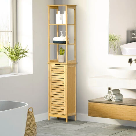 Meuble Colonne Rangement Salle De Bain Style Cosy Dim. 34L X 30l X 173H Cm Porte à Lattes 3 étagères Bambou MDF Aspect Bois Clair 4 Meuble Colonne Rangement Salle De Bain Style Cosy Dim. 34L X 30l X 173H Cm Porte à Lattes 3 étagères Bambou MDF Aspect Bois Clair – Image 2