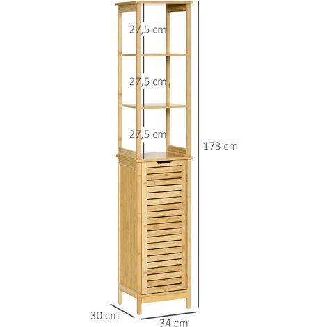 Meuble Colonne Rangement Salle De Bain Style Cosy Dim. 34L X 30l X 173H Cm Porte à Lattes 3 étagères Bambou MDF Aspect Bois Clair 5 Meuble Colonne Rangement Salle De Bain Style Cosy Dim. 34L X 30l X 173H Cm Porte à Lattes 3 étagères Bambou MDF Aspect Bois Clair – Image 3