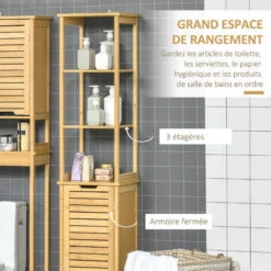 Meuble Colonne Rangement Salle De Bain Style Cosy Dim. 34L X 30l X 173H Cm Porte à Lattes 3 étagères Bambou MDF Aspect Bois Clair 11 Meuble Colonne Rangement Salle De Bain Style Cosy Dim. 34L X 30l X 173H Cm Porte à Lattes 3 étagères Bambou MDF Aspect Bois Clair -Songmics Soldes Magasin 57240920 5
