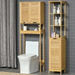 Meuble WC Meuble Dessus Toilettes Style Cosy Dim. 60L X 23l X 173H Cm Portes à Lattes étagère Bambou MDF Aspect Bois Clair -Songmics Soldes Magasin 57240922 4