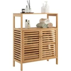 COSTWAY Meuble Salle De Bain En Bambou/Rangement De Salle De Bain-Étagère Amovible Et 2 Portes Persiennes-64x27,5x80cm Naturel
