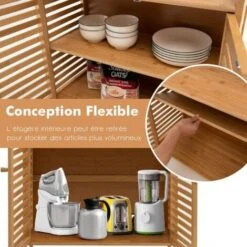 COSTWAY Meuble Salle De Bain En Bambou/Rangement De Salle De Bain-Étagère Amovible Et 2 Portes Persiennes-64x27,5x80cm Naturel -Songmics Soldes Magasin 65695438 3