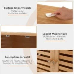 COSTWAY Meuble Salle De Bain En Bambou/Rangement De Salle De Bain-Étagère Amovible Et 2 Portes Persiennes-64x27,5x80cm Naturel -Songmics Soldes Magasin 65695438 4