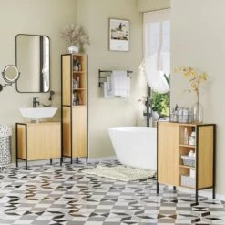 Meuble Salle De Bain - Meuble Sous-vasque - 2 Portes, étagère Réglable - Dim. 60L X 30l X 65H Cm - Châssis Acier Noir Panneaux Aspect Bois Clair 8 Meuble Salle De Bain - Meuble Sous-vasque - 2 Portes, étagère Réglable - Dim. 60L X 30l X 65H Cm - Châssis Acier Noir Panneaux Aspect Bois Clair -Songmics Soldes Magasin 71178613 2