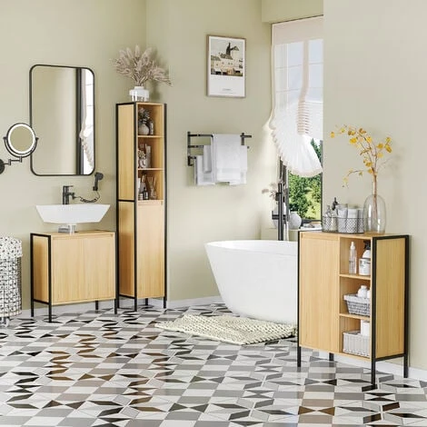 Meuble Salle De Bain - Meuble Sous-vasque - 2 Portes, étagère Réglable - Dim. 60L X 30l X 65H Cm - Châssis Acier Noir Panneaux Aspect Bois Clair 4 Meuble Salle De Bain - Meuble Sous-vasque - 2 Portes, étagère Réglable - Dim. 60L X 30l X 65H Cm - Châssis Acier Noir Panneaux Aspect Bois Clair – Image 2