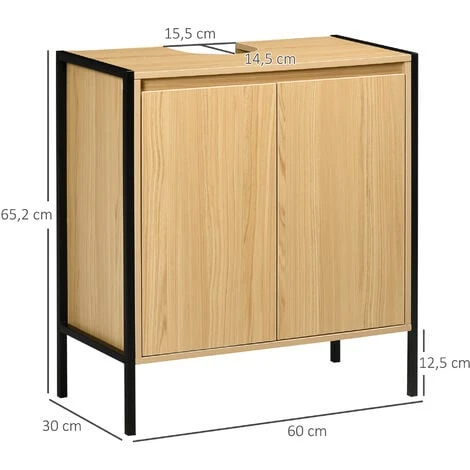 Meuble Salle De Bain - Meuble Sous-vasque - 2 Portes, étagère Réglable - Dim. 60L X 30l X 65H Cm - Châssis Acier Noir Panneaux Aspect Bois Clair 5 Meuble Salle De Bain - Meuble Sous-vasque - 2 Portes, étagère Réglable - Dim. 60L X 30l X 65H Cm - Châssis Acier Noir Panneaux Aspect Bois Clair – Image 3
