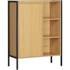 Meuble Salle De Bain - Porte, étagère, 3 Niches - Dim. 60L X 28l X 80H Cm - Châssis Acier Noir Panneaux Aspect Bois Clair