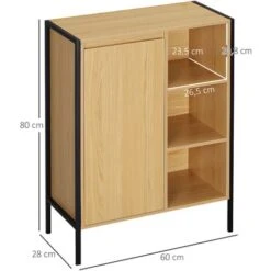 Meuble Salle De Bain - Porte, étagère, 3 Niches - Dim. 60L X 28l X 80H Cm - Châssis Acier Noir Panneaux Aspect Bois Clair -Songmics Soldes Magasin 72276192 3