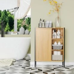 Meuble Salle De Bain - Porte, étagère, 3 Niches - Dim. 60L X 28l X 80H Cm - Châssis Acier Noir Panneaux Aspect Bois Clair -Songmics Soldes Magasin 72276192 4