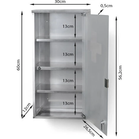 Jago® Armoire à Pharmacie Murale - 3 Étagères, 4 Compartiments, Serrure, 2 Clés, 30x12x60cm, Acier Inoxydable - Meuble à Pharmacie, Armoire Médicaments, Premiers Secours, Salle De Bain 7 Jago® Armoire à Pharmacie Murale - 3 Étagères, 4 Compartiments, Serrure, 2 Clés, 30x12x60cm, Acier Inoxydable - Meuble à Pharmacie, Armoire Médicaments, Premiers Secours, Salle De Bain – Image 5