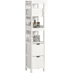Meuble Colonne De Salle De Bain Armoire Toilette Haute – 4 étagères Et 2 Tiroirs- Blanc SoBuy® FRG126-W