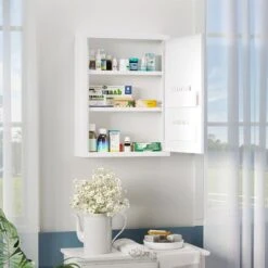 Armoire à Pharmacie 2 étagères 3 Niv. Verrouillables Dim. 40L X 15l X 53H Cm 2 Clés Logo Croix Acier Blanc -Songmics Soldes Magasin 82741079 2
