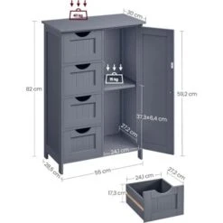 Songmics Meuble De Salle De Bain Avec 4 Tiroirs, 55 X 30 X 82 Cm, Porte Simple, Planche Réglable En Hauteur, Gris Foncé -Songmics Soldes Magasin 88216898 3