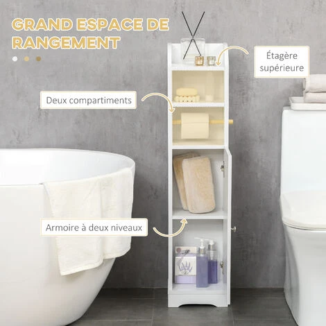 Meuble WC Armoire Toilette - Porte, 2 étagères, Niche, Support Papier - Dim. 23L X 18l X 100H Cm - Blanc 6 Meuble WC Armoire Toilette - Porte, 2 étagères, Niche, Support Papier - Dim. 23L X 18l X 100H Cm - Blanc – Image 4